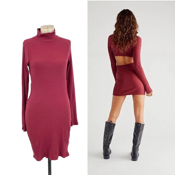 Free People Beach Guess Who's Back Rib Knit Cutout Dress Wild Garnet Size Large - Picture 1 of 11